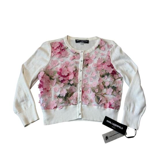 NWT - Karl Lagerfeld sweater, Small; 3D Floral Cropped white & Pink Cardigan - Picture 1 of 8